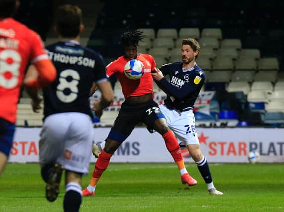 Elijah Adebayo holds the ball up against Millwall on Tuesday night