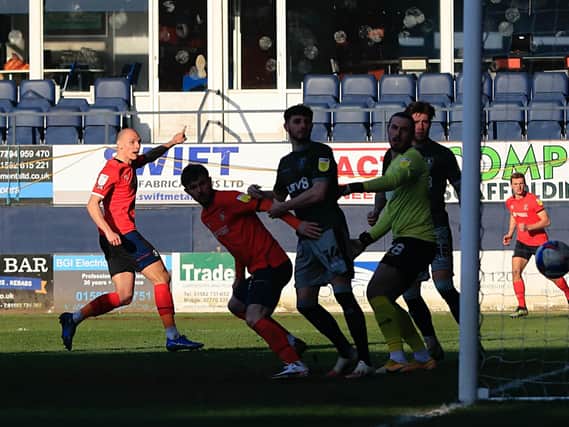 Kal Naismith pulls one back for the Hatters against Sheffield Wednesday this afternoon