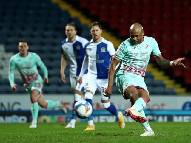 Andre Ayew scores from the spot against Blackburn Rovers in midweek