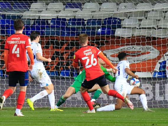 Luton defender James Bree scores his first ever senior goal against Coventry City