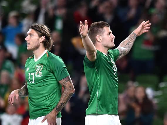 James Collins celebrates scoring for Ireland