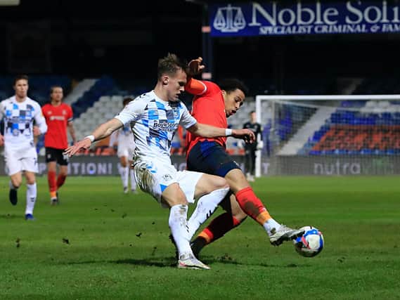 Town striker Sam Nombe gets stuck in against Coventry on Tuesday night