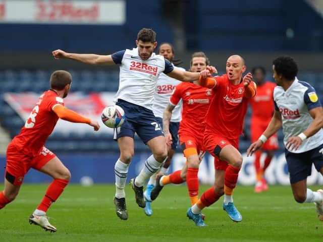 Kal Naismith gets stuck in during Luton's 1-0 win at Preston this afternoon