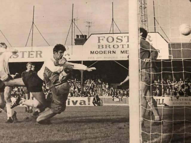 Alan Slough finds the net against Shrewsbury during his lengthy Luton career