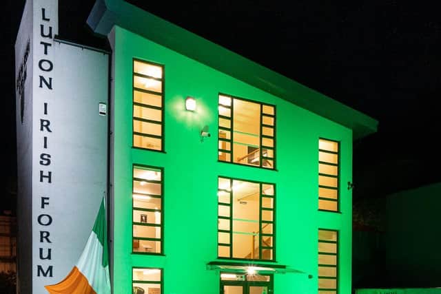 Luton Irish Forum’s building on Hitchin Road, lit up in green to celebrate St Patrick’s Day 2021