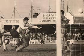 Alan Slough dives in to score against Shrewsbury during his Luton career