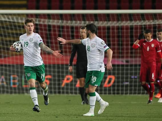 James Collins takes the congratulations after scoring for Ireland this evening