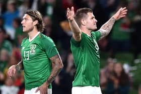 Hatters striker James Collins celebrates scoring for Ireland