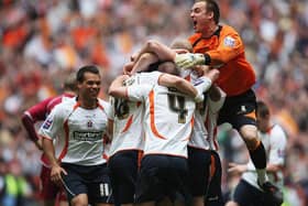Dean Brill celebrates Luton's Johnstone's Paint Trophy victory back in 2009