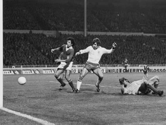 Malcolm Macdonald completes his hat-trick against Cyprus in 1975