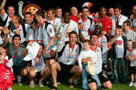 Luton Town celebrate promotion to the Championship in 2005