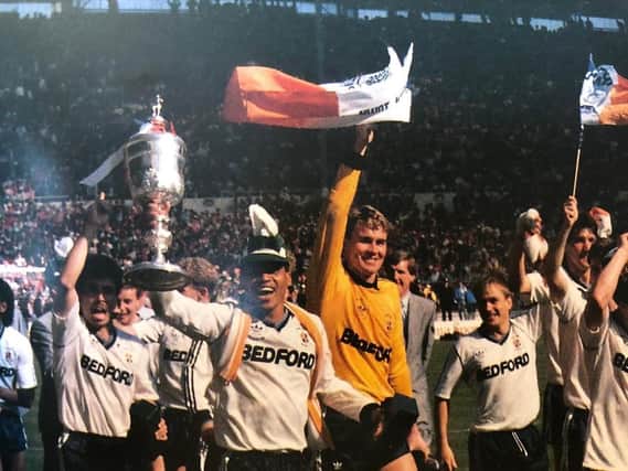 Andy Dibble celebrates winning the Littlewoods Cup by beating Arsenal 3-2 in April 1988