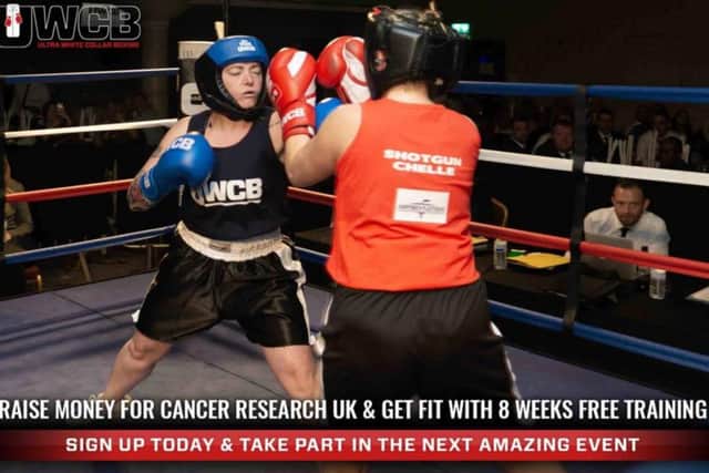 Lauren Duguid Smith (in blue) taking part at the Ultra White Collar Boxing Event in Luton