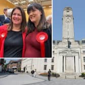 (Inset) MPs Rachel Hopkins and Sarah Owen; Luton Town Hall
