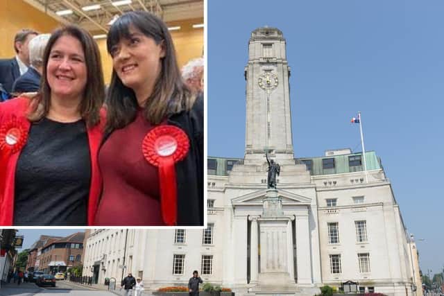 (Inset) MPs Rachel Hopkins and Sarah Owen; Luton Town Hall