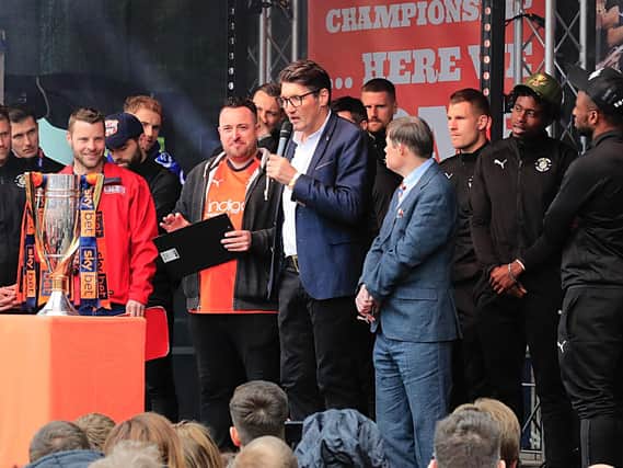 Town legend Mick Harford addresses the Luton supporters after winning the League One title last season