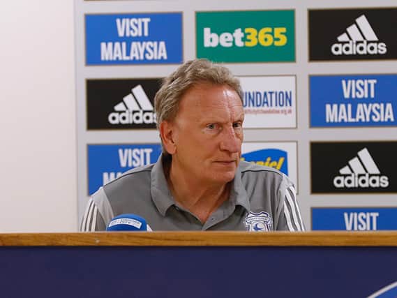 Neil Warnock faces the press after Cardiff's match with Luton earlier in the season