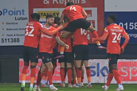 Luton's players celebrate Harry Cornick's strike against Middlesbrough
