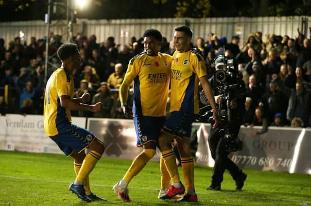 Zane Banton, left, celebrates a St Albans goal this afternoon