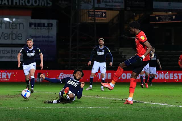 Elijah Adebayo grabs his first ever goal for Luton in a 1-1 draw against Millwall last season