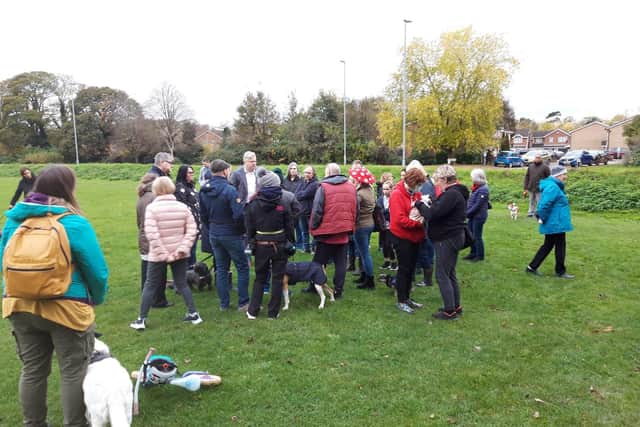 Residents and their dogs gather on the site
