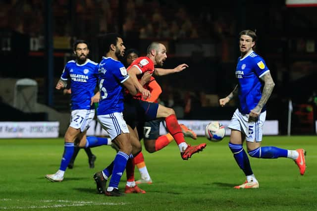 Danny Hylton controls the ball as Town lost 2-0 to Cardiff last season