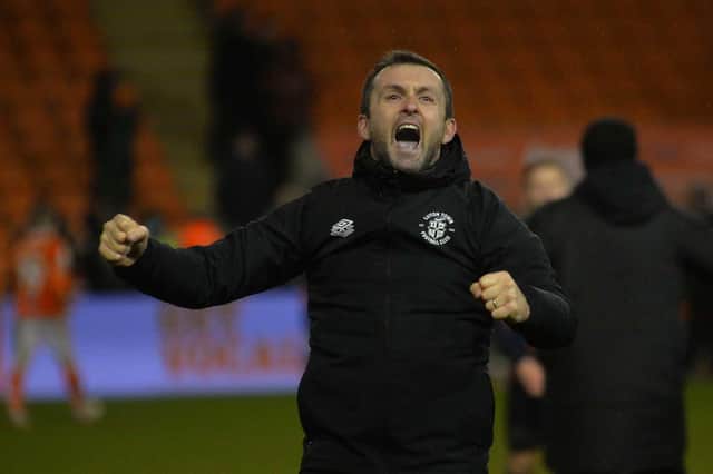 Nathan Jones celebrates his side's 3-0 win at Blackpool on Saturday - pic: Gareth Owen