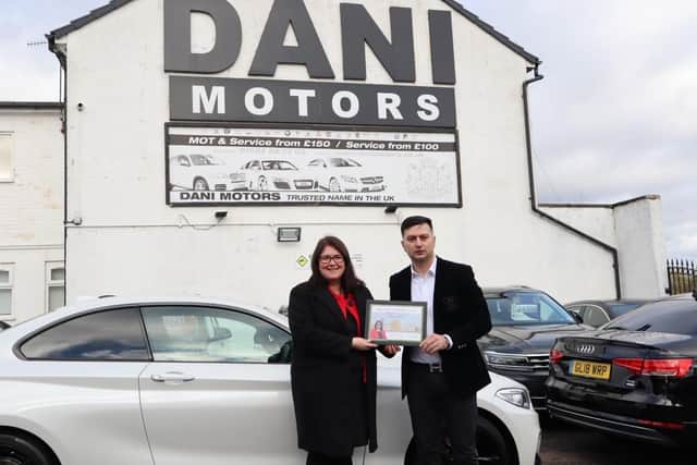 Rachel Hopkins MP at Dani Motors which won the Farley small business awards.