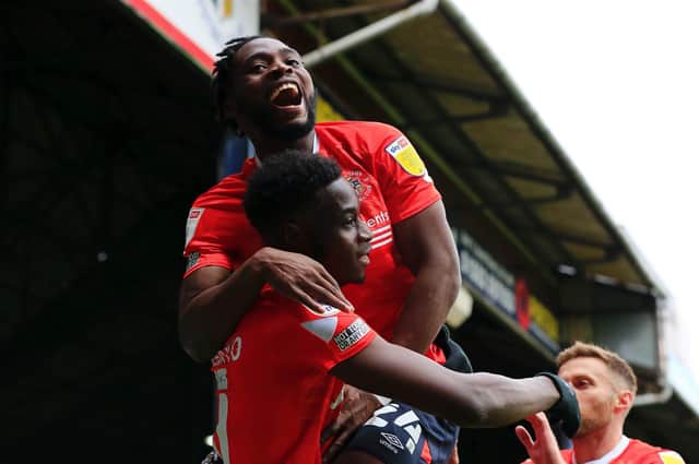 Elijah Adebayo celebrates opening the scoring Luton against Hull recently to continue Town's fine record when netting the first goal