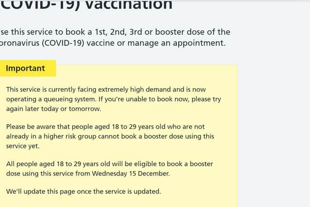 The notice currently greeting people trying to book their jabs