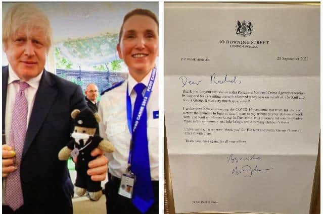 PCSO Carne with the Prime Minister and Wilfred's teddy, and (right) her letter from him.