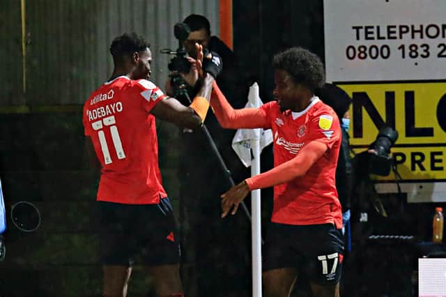 Elijah Adebayo celebrates reaching double figures with Pelly-Ruddock Mpanzu