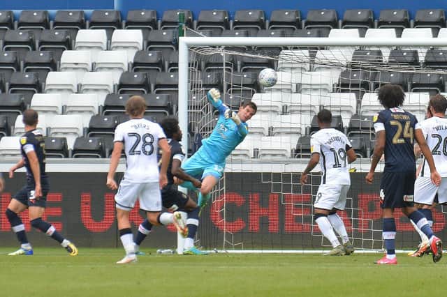 Simon Sluga makes a save during Luton's 1-0 win at Swansea back in June 2020