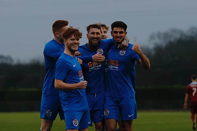 Kyle Faulkner celebrates his goal for Dunstable - pic: Liam Smith