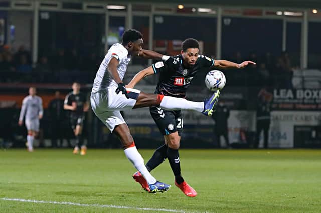Elijah Adebayo gets the ball under control against Bristol City