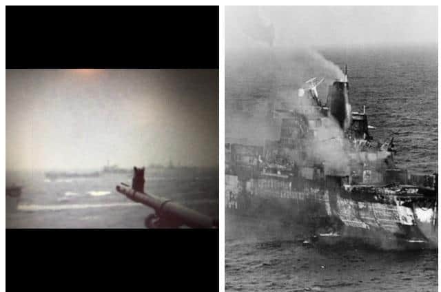 Darrel: "Manning the General Purchase Machine Gun on board MV Norland" and, right: "the SS Atlantic Conveyor on fire, after being hit by an Exocet missile."
Photos: Three Stripes, I'm Out.