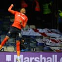 Gabe Osho celebrates Luton's first goal on Tuesday night that was awarded to team-mate Allan Campbell - pic: Gareth Owen