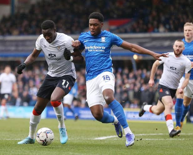Elijah Adebayo is put under pressure at Birmingham this afternoon