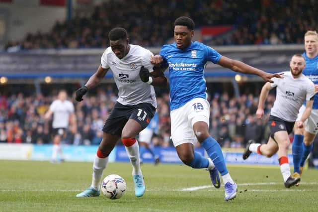 Elijah Adebayo is put under pressure at Birmingham this afternoon
