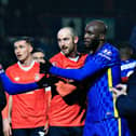 Danny Hylton congratulates Romelu Lukaku after yesterday's FA Cup clash