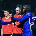 Danny Hylton congratulates Romelu Lukaku after yesterday's FA Cup clash