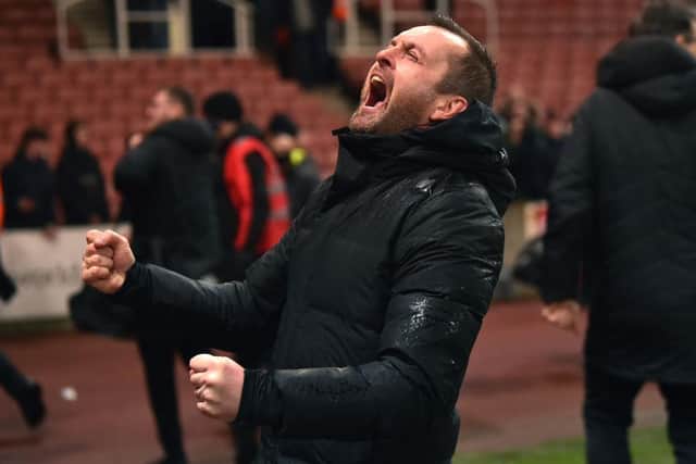 Luton boss Nathan Jones celebrates his side's 2-1 win at Stoke City recently