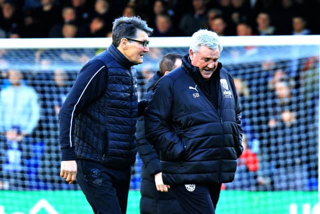 Hatters assistant boss Mick Harford with West Bromwich Albion manager Steve Bruce recently