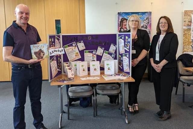 The book launch at The Grove Theatre, March 3. Left to right: Chris, Carly Levingstone, Head of Libraries Central Bedfordshire Libraries and Jill, Dunstable Libraries Manager.