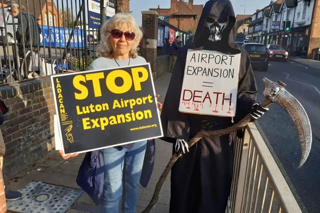 Airport event in St Albans this week whenre Yvonne Hall is standing next to the grim reaper