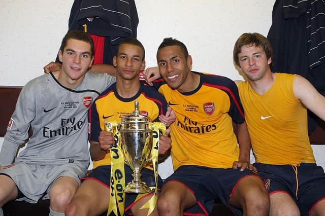 James Shea, left, wins the FA Youth Cup with Arsenal in 2009