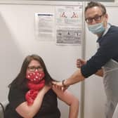 MP Rachel Hopkins receiving her vaccine jab at Boots in Luton's The Mall