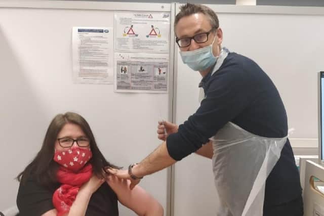 MP Rachel Hopkins receiving her vaccine jab at Boots in Luton's The Mall