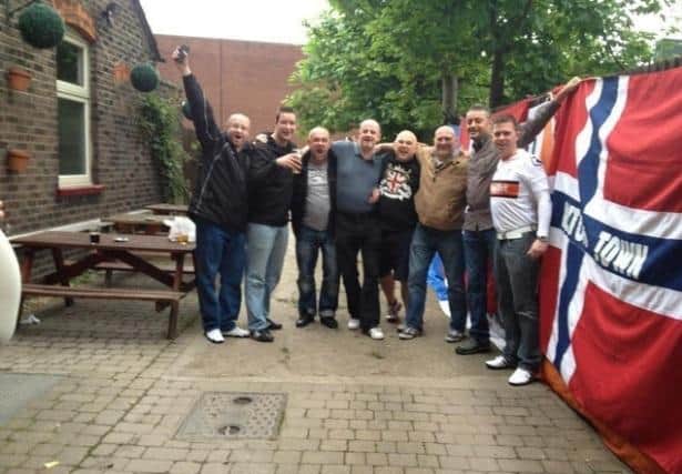 Some of the members of Luton Town Supporters’ Club of Scandinavia at The Bricklayers Arms