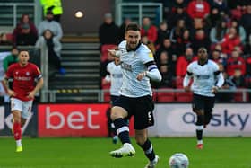 Sonny Bradley plays the ball back during Luton's 3-0 defeat at Bristol City last season